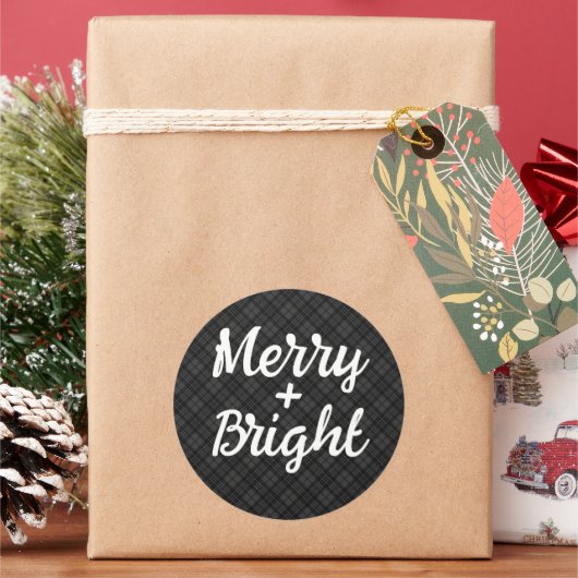 Schwarz-weiße Tartan Weihnachten froh hell Runder Aufkleber (Feiertag)