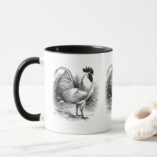 Schwarz-weiße Tasse des Vintagen Land-Hahns (Mit Donut)
