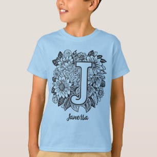 Schwarz-weiße Tattoo-Blumen-Monogramm Buchstabe J T-Shirt