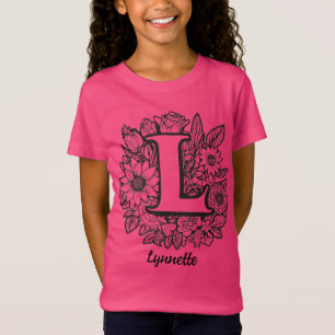 Schwarz-weiße Tattoo-Blumen-Monogramm-Buchstabe L T-Shirt