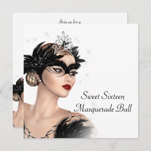 Schwarz-weiße Tiara Maske Sweet 16 Masquerade Part Einladung (Vorne/Hinten)