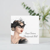 Schwarz-weiße Tiara Maske Sweet 16 Masquerade Part Einladung (Stehend Vorderseite)