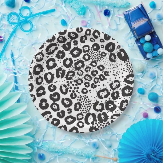 Schwarz-weiße Tierdruckschneeleopard Cheetah Pappteller (Party)