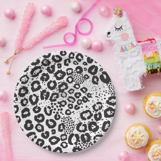 Schwarz-weiße Tierdruckschneeleopard Cheetah Pappteller (Party)