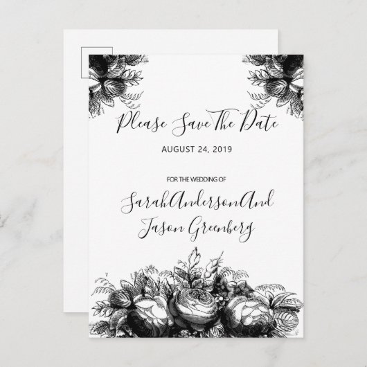 Schwarz-weiße Tintenflorensehen speichern das Datu Ankündigungspostkarte (Vorne/Hinten)