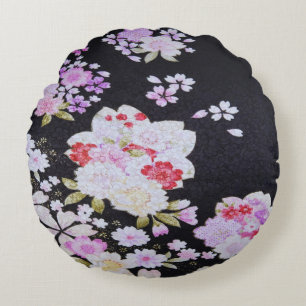 Schwarz-weiße traditionelle japanische Blume Rundes Kissen