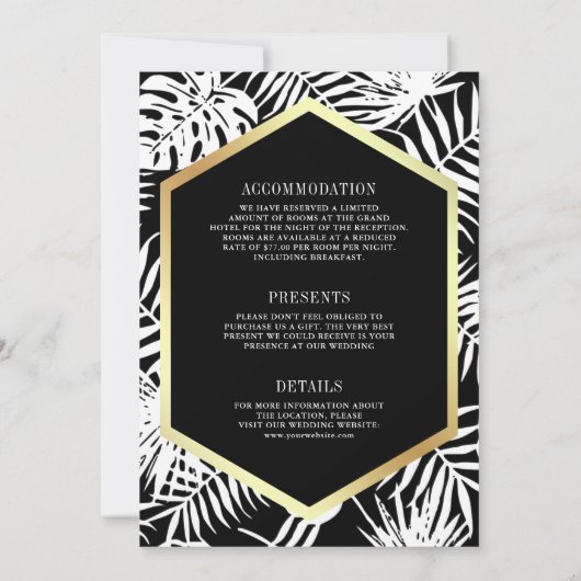 Schwarz-weiße Tropenpalme auf einer Hochzeit Einladung (Rückseite)