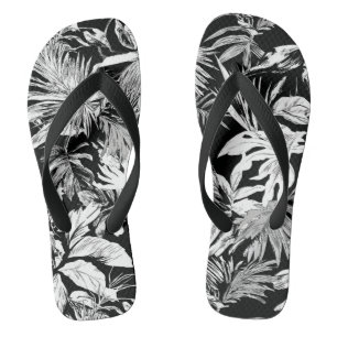 Schwarz-weiße tropische Flip-Flops mit Blättern fü Badesandalen