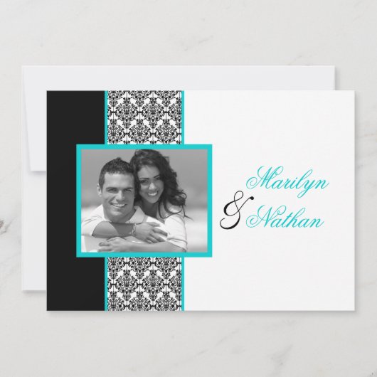 Schwarz-weiße Türkis-Damast-Foto-Hochzeit laden Einladung (Vorderseite)