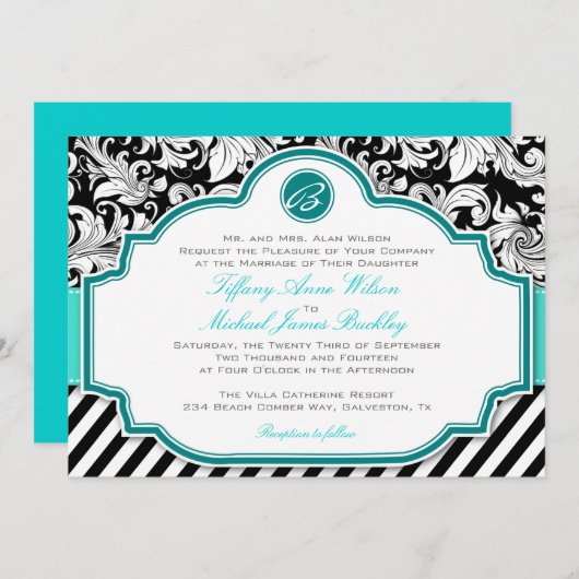 Schwarz-weiße türkisfarbene Hochzeit mit Damast Einladung (Vorne/Hinten)