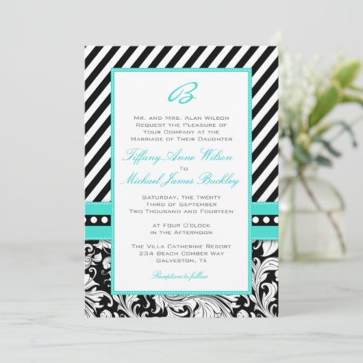 Schwarz-weiße türkisfarbene Hochzeit mit Damast Einladung (Stehend Vorderseite)