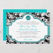 Schwarz-weiße türkisfarbene Hochzeit mit Damast Einladung (Vorne/Hinten)