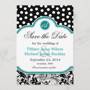 Schwarz-weiße türkisfarbene Hochzeit speichern das Save The Date