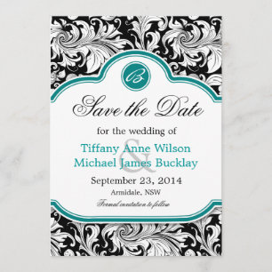 Schwarz-weiße türkisfarbene Hochzeit speichern das Save The Date