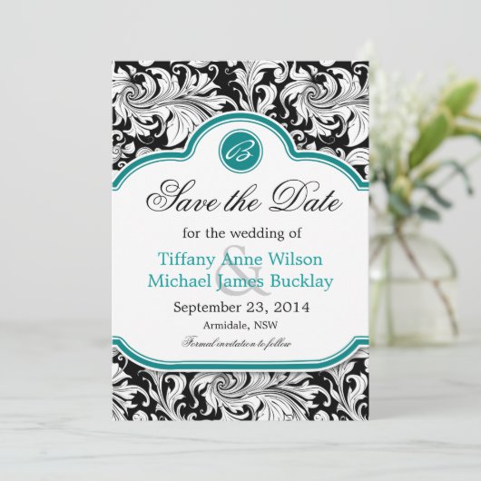Schwarz-weiße türkisfarbene Hochzeit speichern das Save The Date (Stehend Vorderseite)