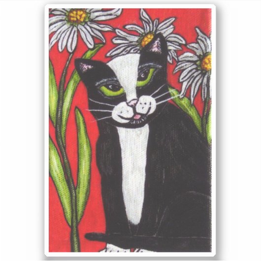 Schwarz-weiße Tuxedo Katze sitzend in Daisies Red Aufkleber (Vorderseite)