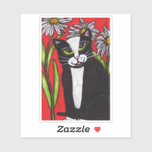 Schwarz-weiße Tuxedo Katze sitzend in Daisies Red Aufkleber (Blatt)