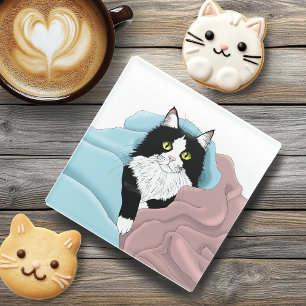 Schwarz-weiße Tuxedo Katzendecke Niedlich Blau Pin Glasuntersetzer