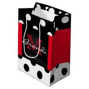 Schwarz-weiße u. rote Polka-Punkte u. Monogramm Mittlere Geschenktüte