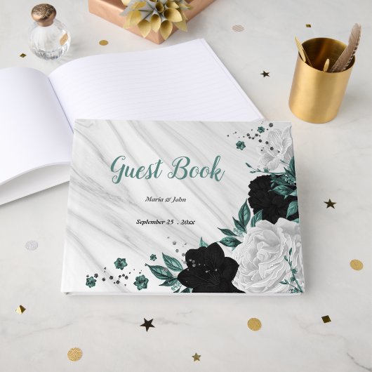Schwarz-weiße und aquamarine Blume, grauer botanis Gästebuch (Vorderseite Offen)