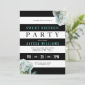 Schwarz-weiße und Aquamarine Rose Sweet 16 Party Einladung (Stehend Vorderseite)