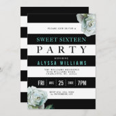Schwarz-weiße und Aquamarine Rose Sweet 16 Party Einladung (Vorne/Hinten)