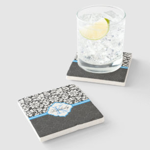 Schwarz-weiße und blaue Vintage BlumenDamasken Steinuntersetzer