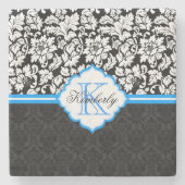 Schwarz-weiße und blaue Vintage BlumenDamasken Steinuntersetzer (Vorderseite)