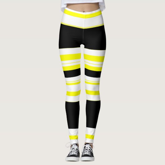 Schwarz-weiße und gelbe Streifen Horizontal Leggings (Vorderseite)