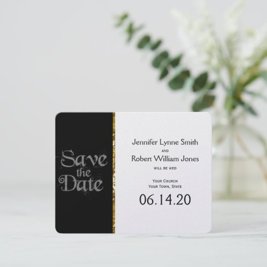 Schwarz-weiße und Gold Glitzer Hochzeit Sichern Si Save The Date (Stehend Vorderseite)