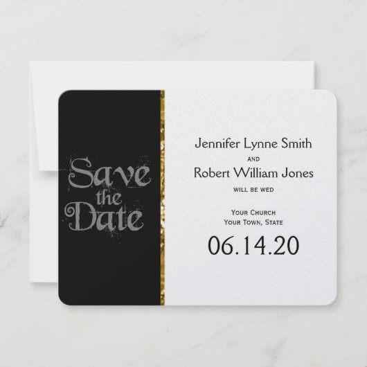 Schwarz-weiße und Gold Glitzer Hochzeit Sichern Si Save The Date (Vorderseite)