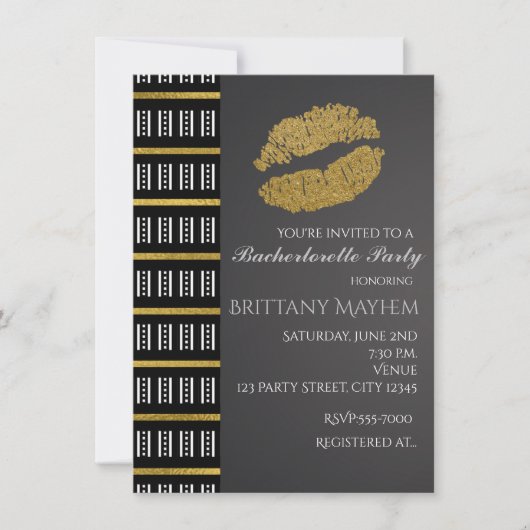 Schwarz-weiße und goldene Imitate Shimmer Lippen K Einladung (Vorderseite)