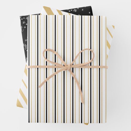 Schwarz-weiße und goldene Streifen Geschenkpapier Set (Beispiel)