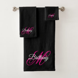 Schwarz-weiße und Hot-Pink-Extravagant-Script-Mono Badhandtuch Set