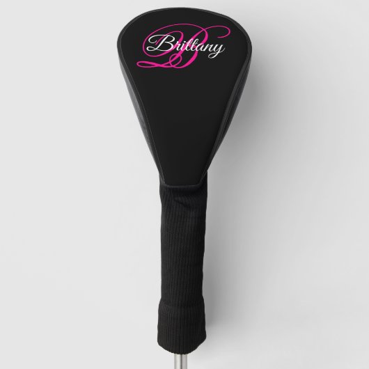 Schwarz-weiße und Hot-Pink-Extravagant-Script-Mono Golf Headcover (Vorderseite)