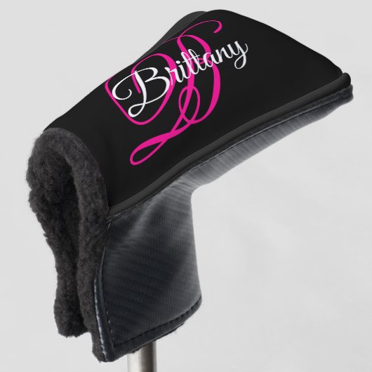 Schwarz-weiße und Hot-Pink-Extravagant-Script-Mono Golf Headcover (3/4 Vorderseite)