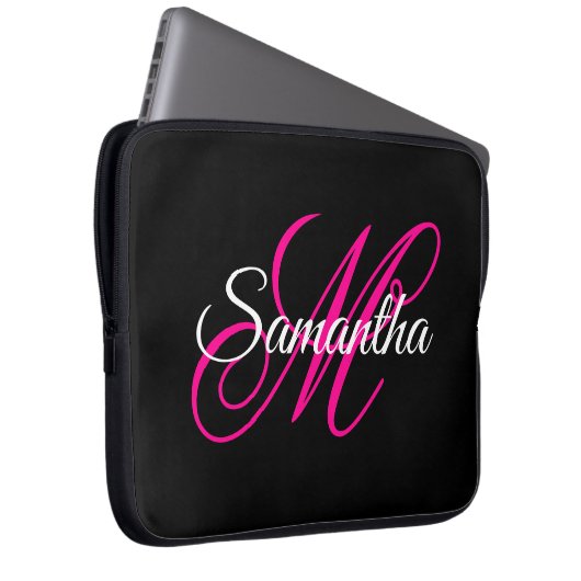 Schwarz-weiße und Hot-Pink-Extravagant-Script-Mono Laptopschutzhülle (Vorne Rechts)