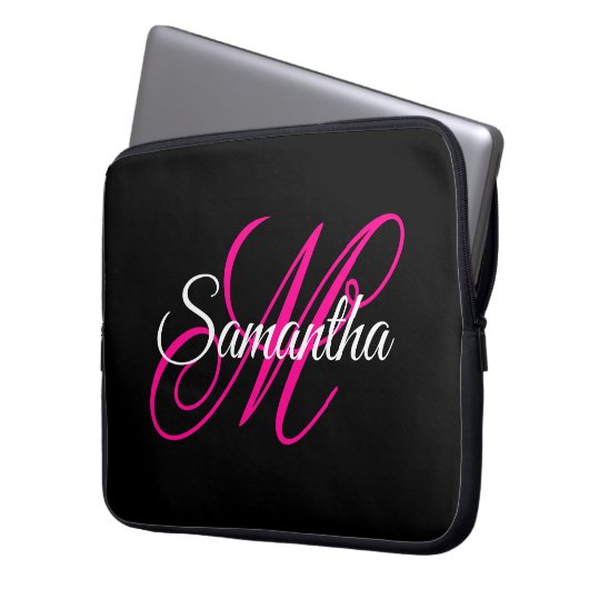 Schwarz-weiße und Hot-Pink-Extravagant-Script-Mono Laptopschutzhülle (Vorderseite Links)