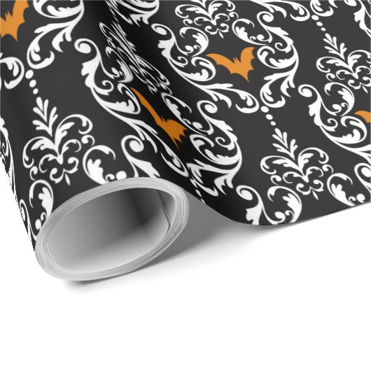 Schwarz-weiße und orangefarbene Damassobas Geschenkpapier (Rolleneckpunkt)