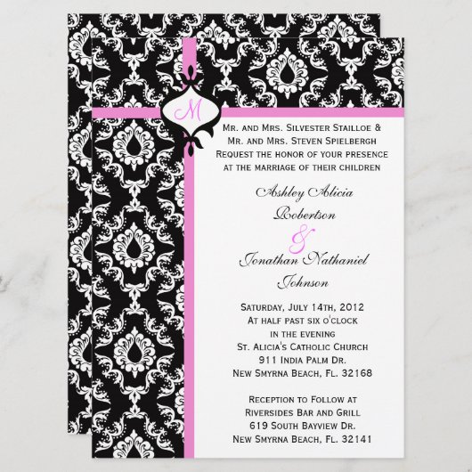 Schwarz-weiße und rosa Hochzeit einladen! Einladung (Vorne/Hinten)