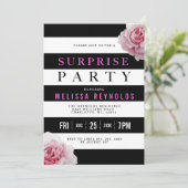 Schwarz-weiße und rosa Rosen Überraschendes Party Einladung (Stehend Vorderseite)