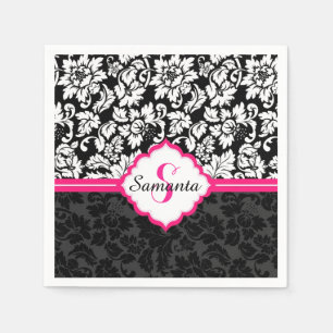 Schwarz-weiße und rosafarbene Vintage BlumenDamask Serviette