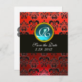 SCHWARZ-WEISSE UND rote DAMASK-BLAUE-GEM-Monogramm Ankündigungspostkarte (Vorne/Hinten)