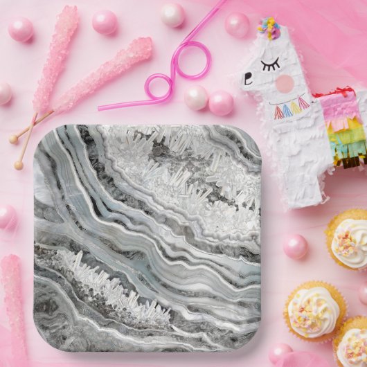 Schwarz-weiße und silberne Geode Digitale Kunst Pappteller (Party)