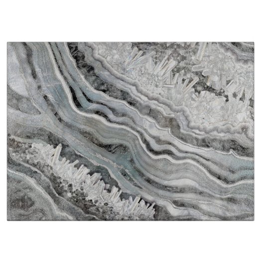 Schwarz-weiße und silberne Geode Digitale Kunst Schneidebrett (Vorderseite)