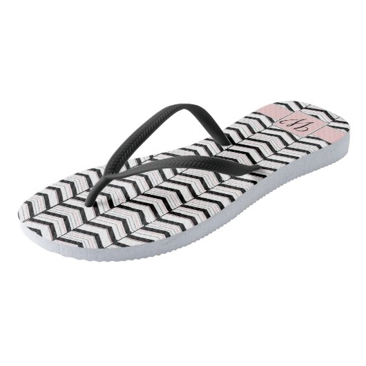 Schwarz-weiße und Zickzack Flip Flops Badesandalen (Schrägansicht)