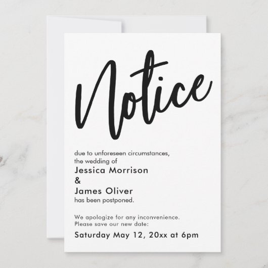 Schwarz-weiße vertagte Hochzeitsankündigung Einladung (Vorderseite)