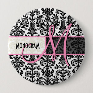 Schwarz-weiße Vintage-Blumendamastmuster Button