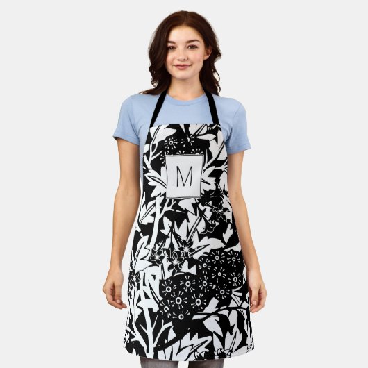 Schwarz-weiße Vintage Floral Monogramm Schürze (Getragen)