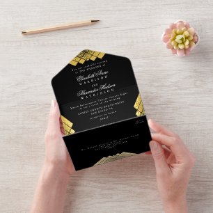 Schwarz-weiße Vintage Goldfoil-Hochzeit All-in-One-Einladung